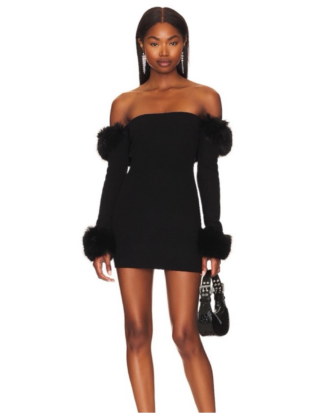 NWT Danielle Guzio Black Off-Shoulder Faux Fur Trim Bodycon Dress